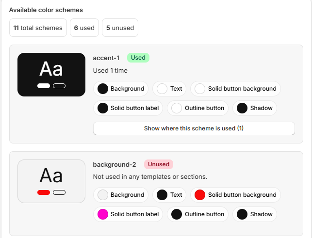 Schemify app showing color scheme usage across a Shopify theme